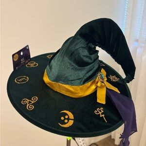 Elegant green witch hat featuring a sheer veil. Perfect for costumes.